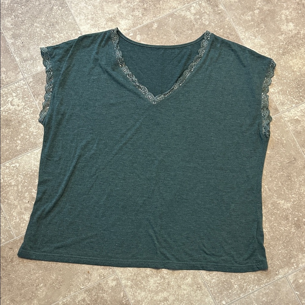 SHEIN Dark Teal Lace V-Neck Tee